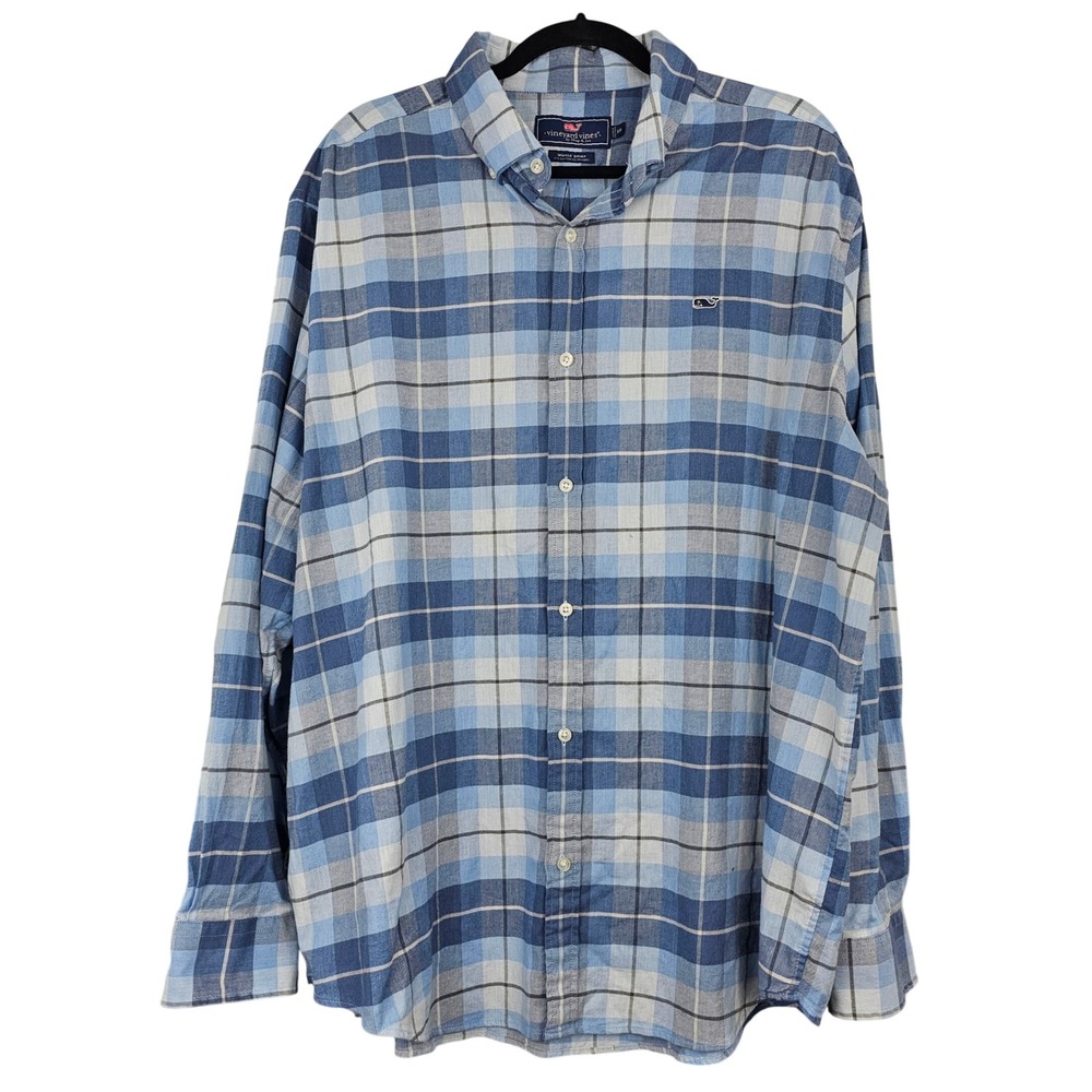 Vineyard Vines Blue Plaid Whale‎ Shirt Cotton Stretch Button Down Men's XXL